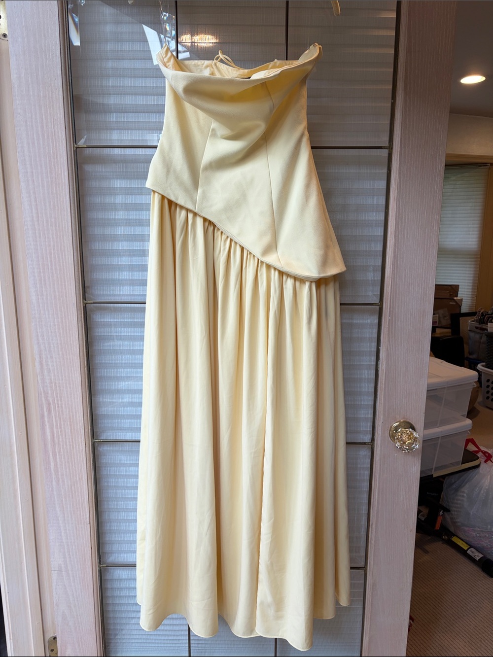 Strapless Cream Evening Gown with Asymmetrical Bodice